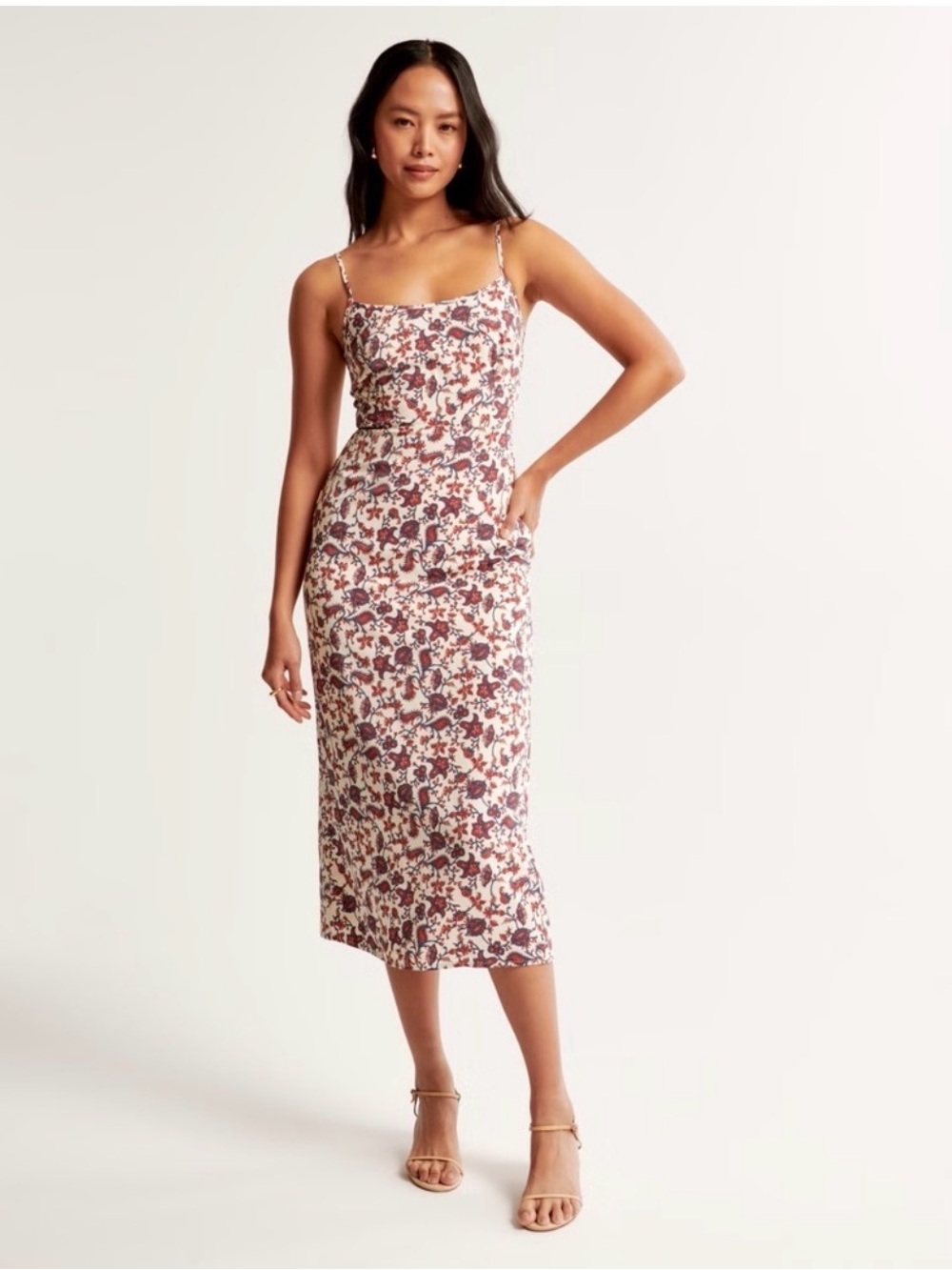 Abercrombie & Fitch Floral Spaghetti-Strap Midi Dress in White and Brown